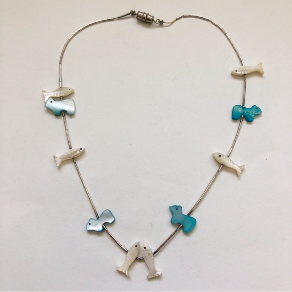 Southwestern Mother of Pearl Fish and Bear Fetish Sterling Silver Necklace - Picture 4 of 8